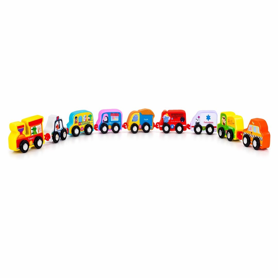 9-Piece Wooden Magnetic Toy Cars and Vehicles Set for Toddlers | Montessori Educational Number & Animal Matching Train Set | Preschool Learning Pull-Along Toy Vehicles for Boys and Girls Ages 2+