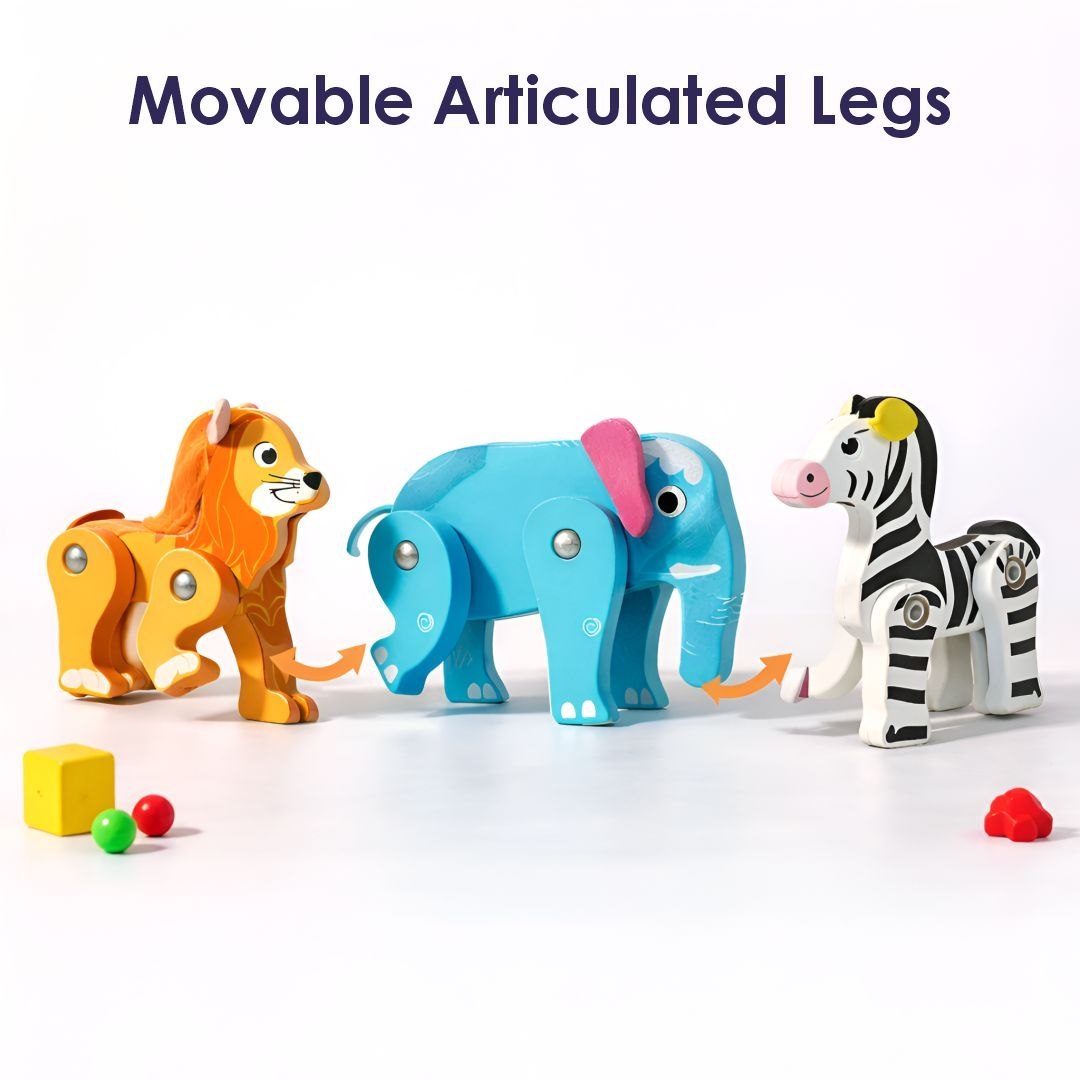 Wooden Animal Toys Set for Kids | Flexible Articulated Wooden Animals |Fine Motor Skills & Imaginative Play | Lion, Elephant, Dinosaur, Zebra, Hippo & More