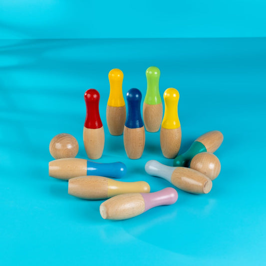 Handmade Wooden Bowling Set for Toddlers & Kids – 10 Colorful Wooden Skittles & 2 Balls | Montessori Educational Toy, Eco-Friendly Indoor & Outdoor Yard Game, Unique Kids Gift