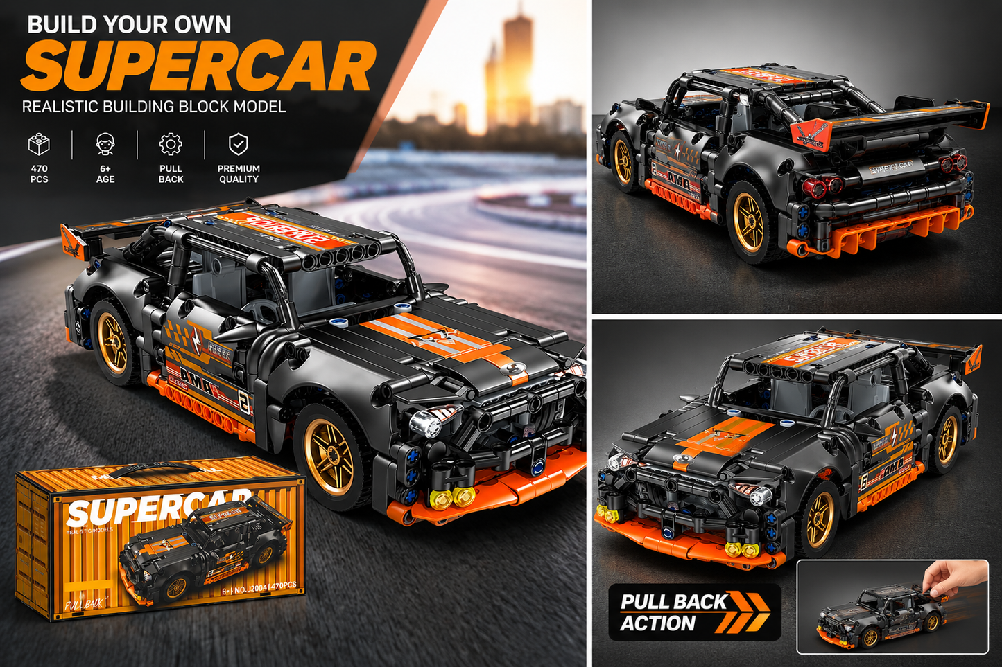 470 PCS Pull Back Racing Sports Car Building Blocks Set for Kids, DIY Model Car Construction Toy, STEM Educational Brick Set, Pull Back Action Vehicle Toy for Boys & Girls Age 6+