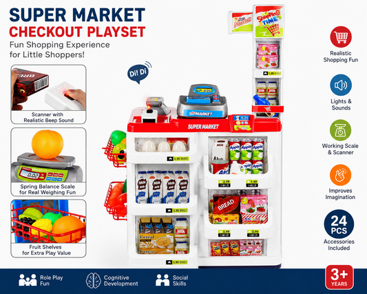 Kids Supermarket Checkout Playset with Scanner, Cash Register, Shopping Cart & Grocery Accessories | Pretend Play Toy for Boys & Girls | Educational Role Play Toy