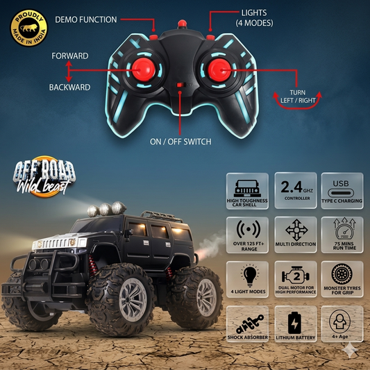 Off Roader Rechargeable Remote Control Car | 2.4GHz High-Speed RC Monster Truck with 4 LED Headlight Modes | All-Terrain SUV Toy Car with Type-C Charging & Smooth Suspension for Kids Boys & Girls And Adult (Hobby Grade)