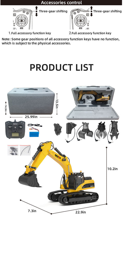 HUINA 1:14 Scale RC Excavator, 2.4G 32-Channel Wireless Remote Control Construction Toy with 680° Rotation & 5 Attachments