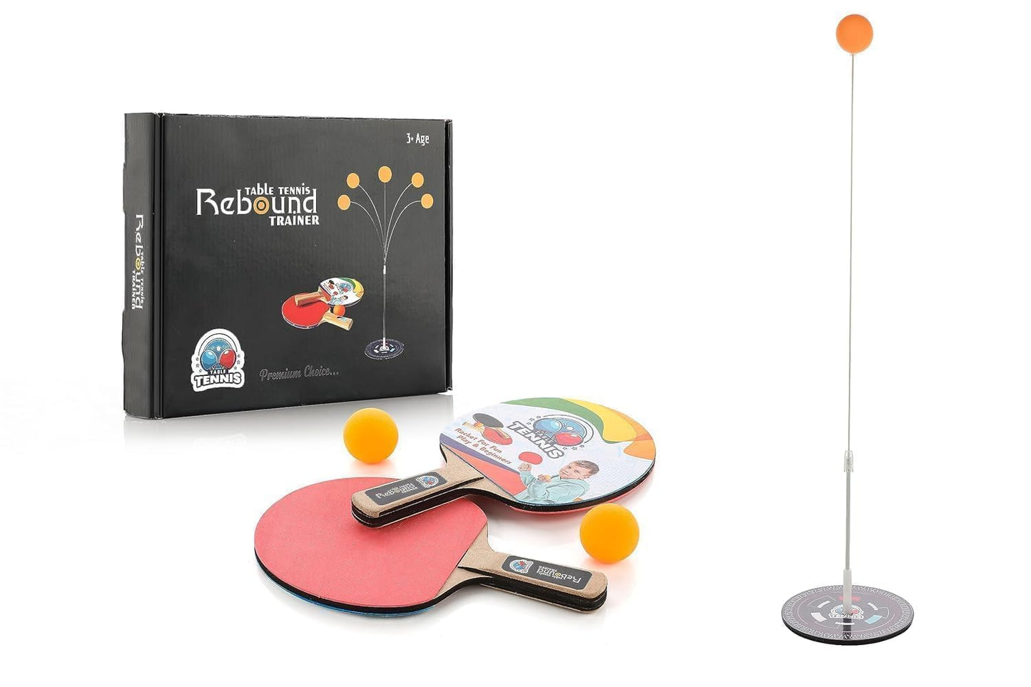 Table Tennis Rebound Trainer Set with 2 Paddles, 2 Balls & Adjustable Elastic Pole | Indoor Outdoor Ping Pong Practice Training Toy for Kids & Beginners