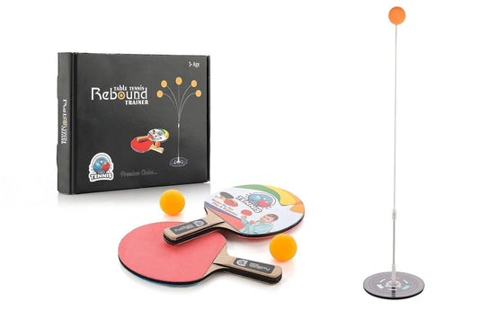 Table Tennis Rebound Trainer Set with 2 Paddles, 2 Balls & Adjustable Elastic Pole | Indoor Outdoor Ping Pong Practice Training Toy for Kids & Beginners