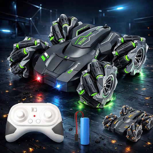 360° Drift Stunt RC Car with Mecanum Wheels, Gesture & Remote Control, LED Lights, Rechargeable Battery for Kids