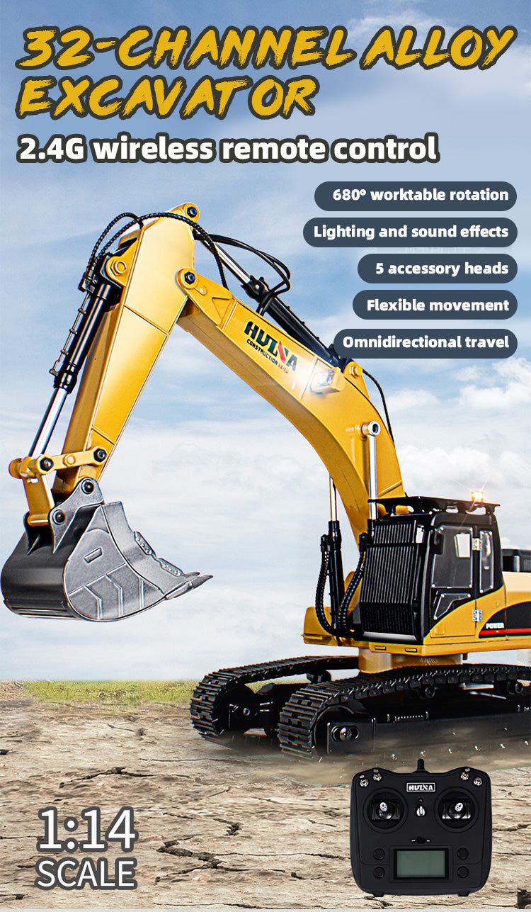 HUINA 1:14 Scale RC Excavator, 2.4G 32-Channel Wireless Remote Control Construction Toy with 680° Rotation & 5 Attachments