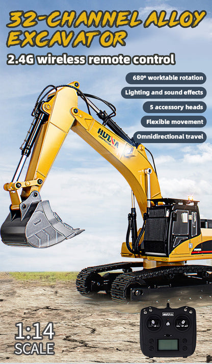 HUINA 1:14 Scale RC Excavator, 2.4G 32-Channel Wireless Remote Control Construction Toy with 680° Rotation & 5 Attachments