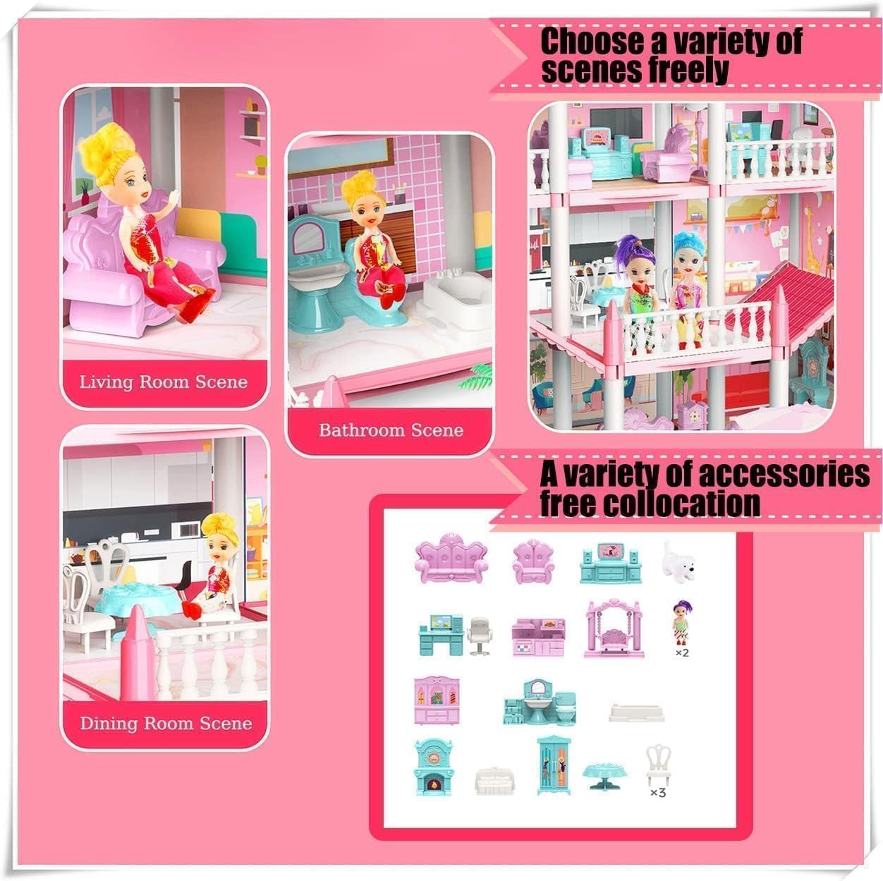 Kids Dream Princess Doll House Play Set with Furniture Accessories, Multi-Room Mansion Toy House for Girls, Educational Pretend Play Toy, Ages 3+ Years
