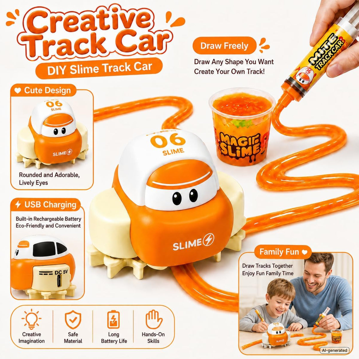 DIY Slime Track Car for Kids, Creative Slime Drawing Track Toy with Squeeze Syringe, Automatic Track Following Car, Fun Educational STEM Activity Toy for Boys & Girls