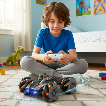 360° Drift Stunt RC Car with Mecanum Wheels, Gesture & Remote Control, LED Lights, Rechargeable Battery for Kids