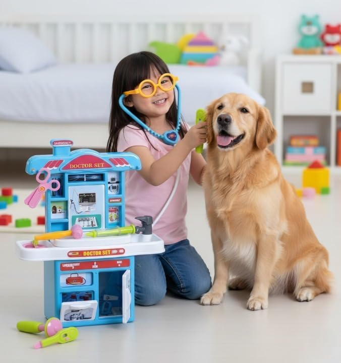 Kids Doctor Set Medical Clinic Playset with Stethoscope, Glasses, Medical Tools & Storage Cabinet | Educational Pretend Play Toy for Boys & Girls