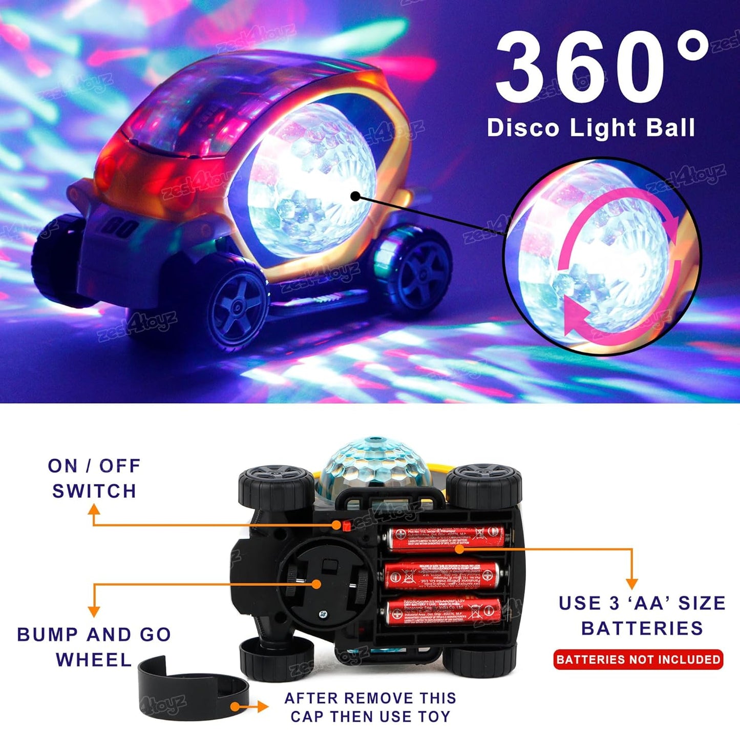 360° Rotating Bump & Go Toy Car with Colorful LED Lights and Transparent Gear Ball | Musical Action Car for Kids Boys & Girls