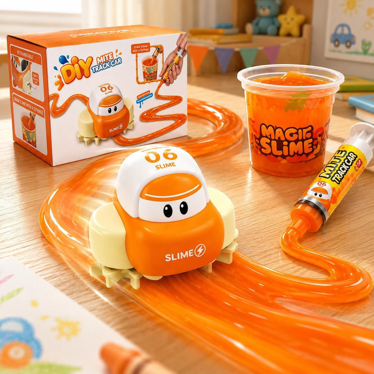 DIY Slime Track Car for Kids, Creative Slime Drawing Track Toy with Squeeze Syringe, Automatic Track Following Car, Fun Educational STEM Activity Toy for Boys & Girls