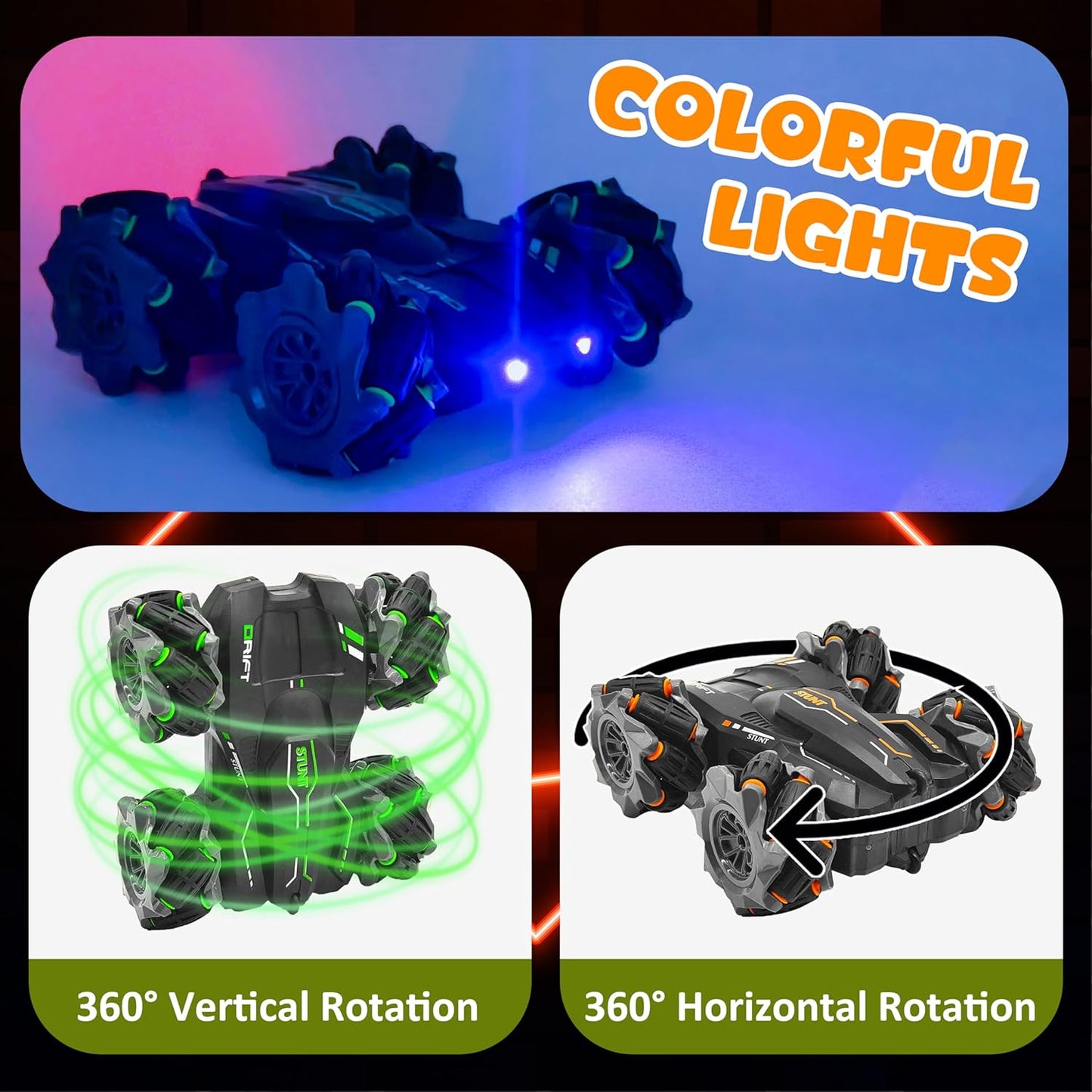 360° Drift Stunt RC Car with Mecanum Wheels, Gesture & Remote Control, LED Lights, Rechargeable Battery for Kids