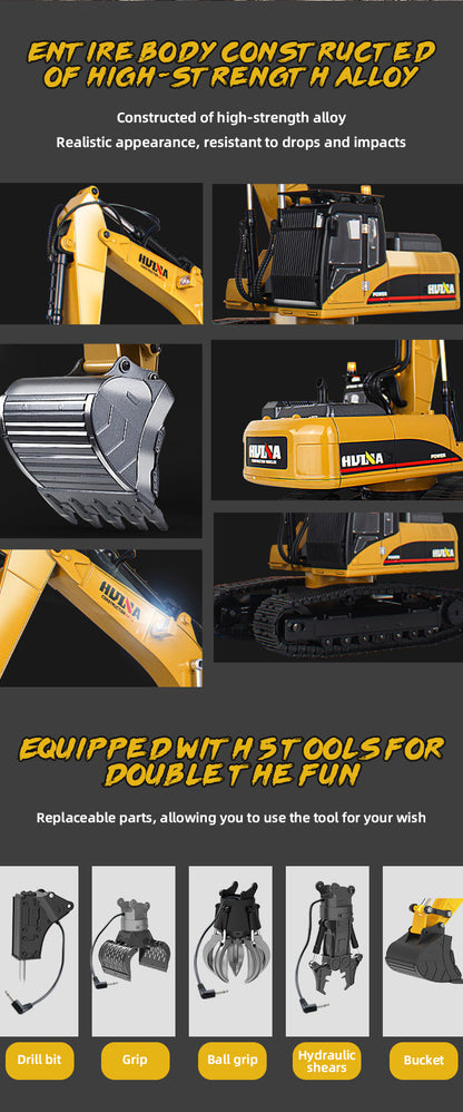 HUINA 1:14 Scale RC Excavator, 2.4G 32-Channel Wireless Remote Control Construction Toy with 680° Rotation & 5 Attachments