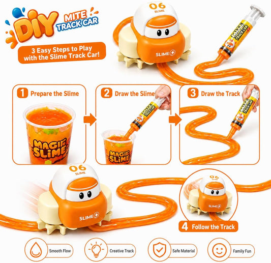DIY Slime Track Car for Kids, Creative Slime Drawing Track Toy with Squeeze Syringe, Automatic Track Following Car, Fun Educational STEM Activity Toy for Boys & Girls