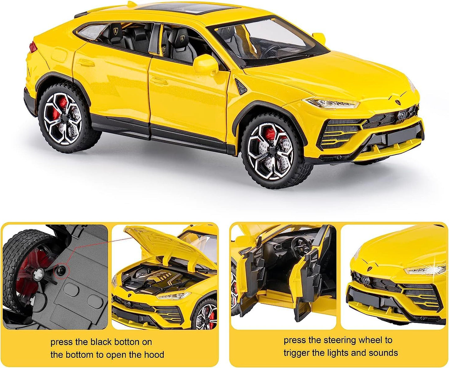 1:24 Scale Die Cast SUV Model Car with Opening Doors, Hood & Trunk, Pull Back Action, Metal Body Collectible Toy Car for Kids & Collectors