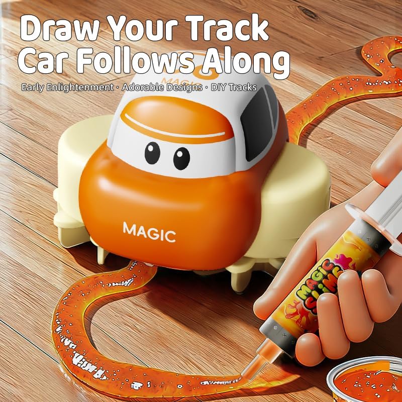DIY Slime Track Car for Kids, Creative Slime Drawing Track Toy with Squeeze Syringe, Automatic Track Following Car, Fun Educational STEM Activity Toy for Boys & Girls