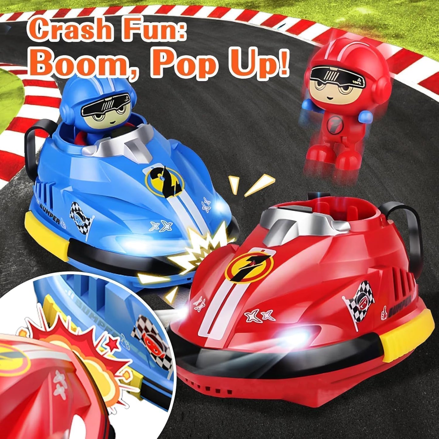 2 Player RC Bumper Cars for Kids, Rechargeable Remote Control Battle Bumper Car Set with Ejecting Drivers, 2.4GHz Wireless, 360° Spin, Lights & Sounds, USB Charging Toy Gift for Boys & Girls 3+ Years