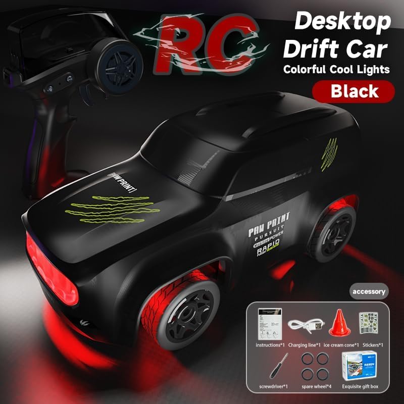 1:64 Mini RC Drift Car with Integrated Controller Storage Dome | 2.4GHz 4WD Micro Desktop Drifter, High-Speed Remote Control Car with LED Lights, Interchangable Drift Tires, Cones & Charging Cable for Kids and Adults