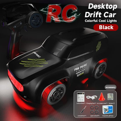 1:64 Mini RC Drift Car with Integrated Controller Storage Dome | 2.4GHz 4WD Micro Desktop Drifter, High-Speed Remote Control Car with LED Lights, Interchangable Drift Tires, Cones & Charging Cable for Kids and Adults