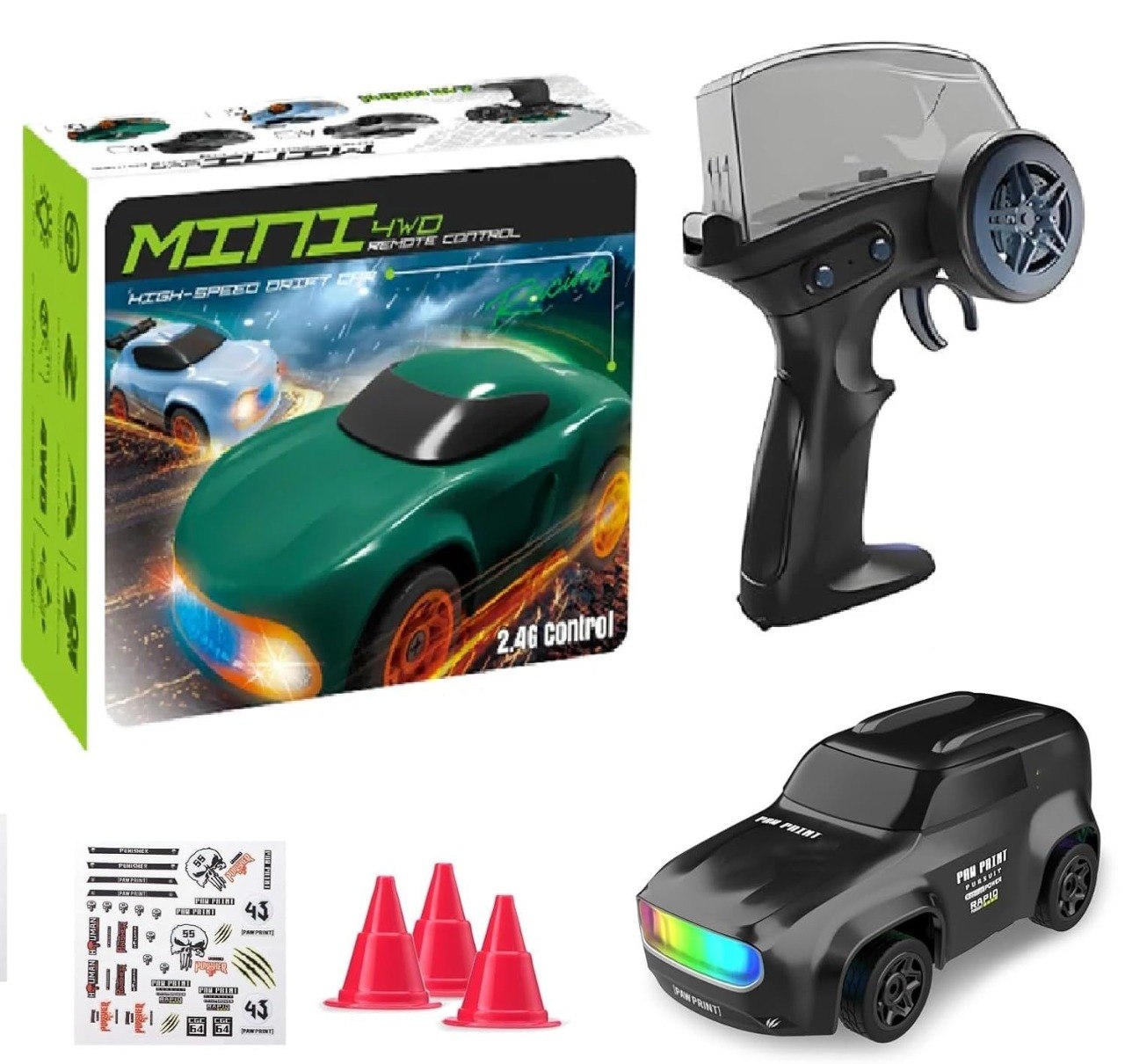 1:64 Mini RC Drift Car with Integrated Controller Storage Dome | 2.4GHz 4WD Micro Desktop Drifter, High-Speed Remote Control Car with LED Lights, Interchangable Drift Tires, Cones & Charging Cable for Kids and Adults