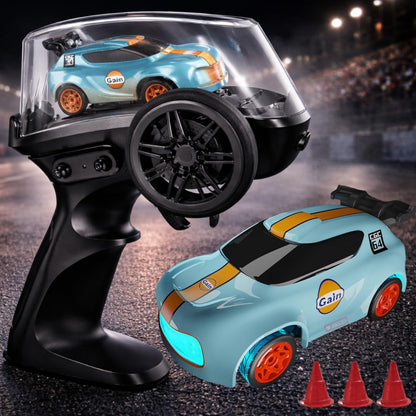 1:64 Mini RC Drift Car with Integrated Controller Storage Dome | 2.4GHz 4WD Micro Desktop Drifter, High-Speed Remote Control Car with LED Lights, Interchangable Drift Tires, Cones & Charging Cable for Kids and Adults