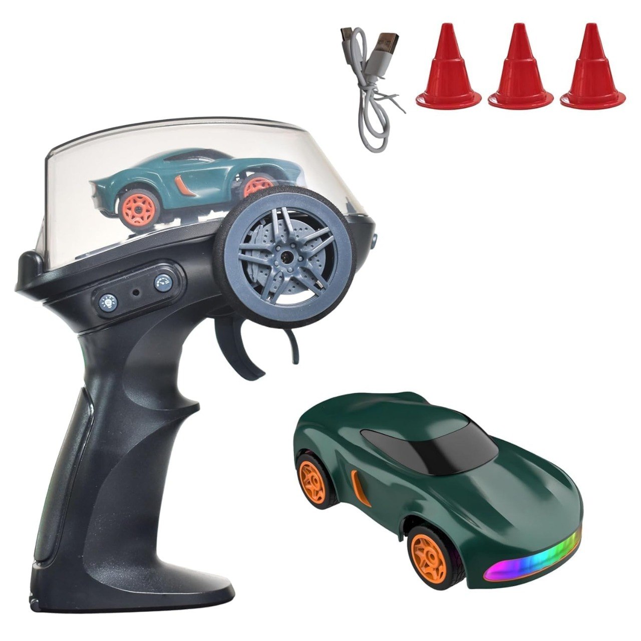 1:64 Mini RC Drift Car with Integrated Controller Storage Dome | 2.4GHz 4WD Micro Desktop Drifter, High-Speed Remote Control Car with LED Lights, Interchangable Drift Tires, Cones & Charging Cable for Kids and Adults