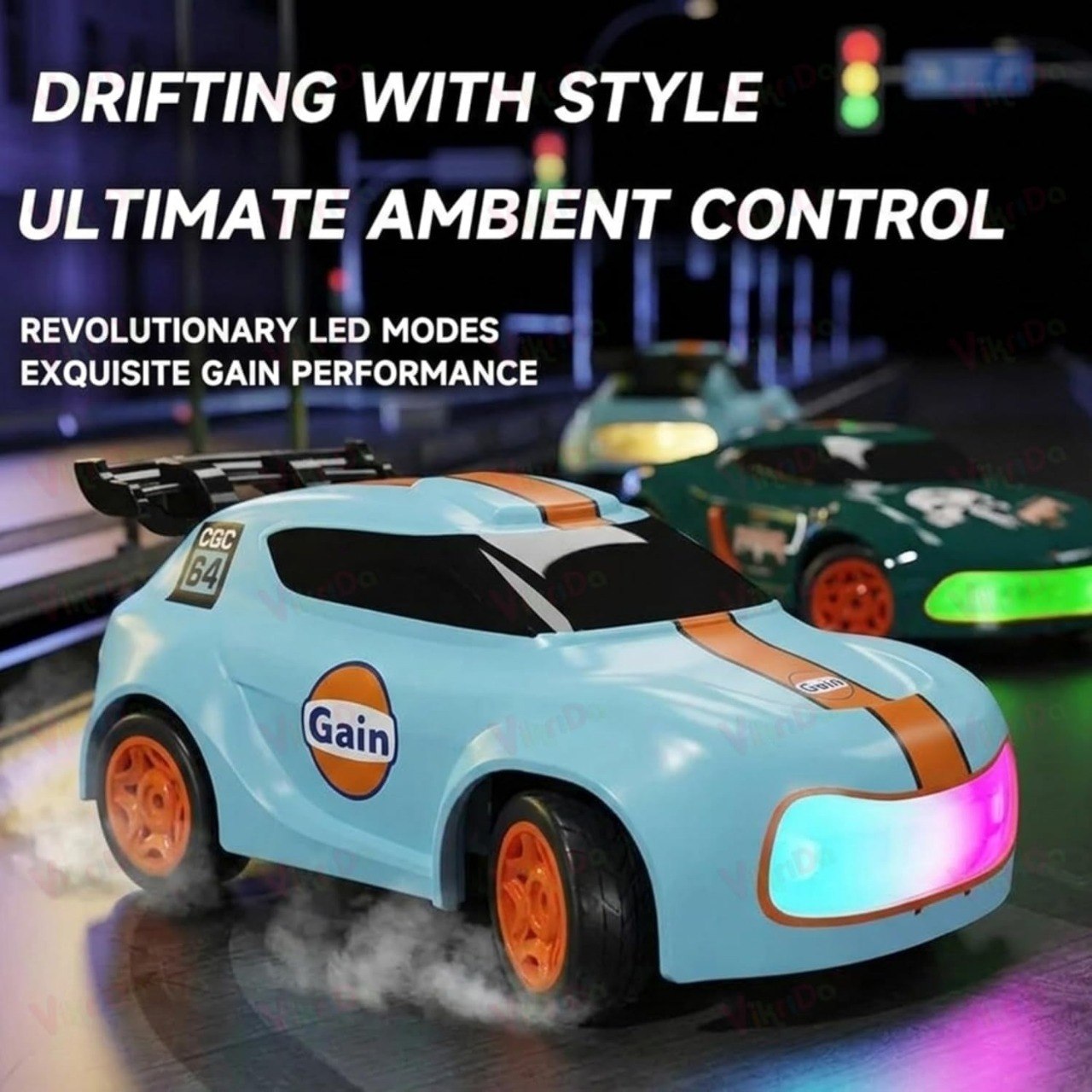 1:64 Mini RC Drift Car with Integrated Controller Storage Dome | 2.4GHz 4WD Micro Desktop Drifter, High-Speed Remote Control Car with LED Lights, Interchangable Drift Tires, Cones & Charging Cable for Kids and Adults