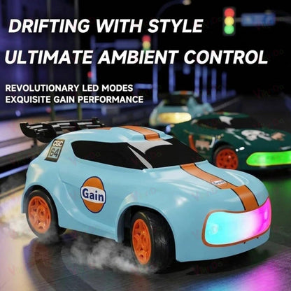 1:64 Mini RC Drift Car with Integrated Controller Storage Dome | 2.4GHz 4WD Micro Desktop Drifter, High-Speed Remote Control Car with LED Lights, Interchangable Drift Tires, Cones & Charging Cable for Kids and Adults