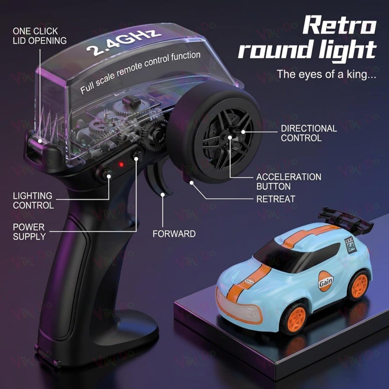 1:64 Mini RC Drift Car with Integrated Controller Storage Dome | 2.4GHz 4WD Micro Desktop Drifter, High-Speed Remote Control Car with LED Lights, Interchangable Drift Tires, Cones & Charging Cable for Kids and Adults