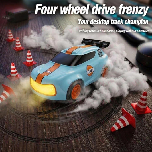 1:64 Mini RC Drift Car with Integrated Controller Storage Dome | 2.4GHz 4WD Micro Desktop Drifter, High-Speed Remote Control Car with LED Lights, Interchangable Drift Tires, Cones & Charging Cable for Kids and Adults
