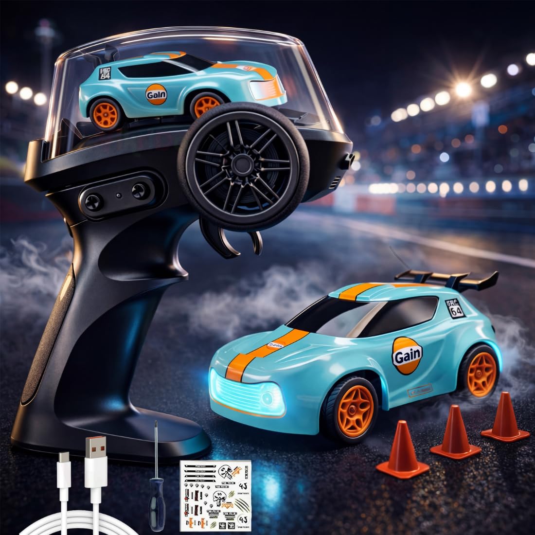 1:64 Mini RC Drift Car with Integrated Controller Storage Dome | 2.4GHz 4WD Micro Desktop Drifter, High-Speed Remote Control Car with LED Lights, Interchangable Drift Tires, Cones & Charging Cable for Kids and Adults