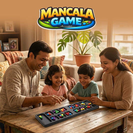 Mancala Board Game for Kids & Adults | Foldable Travel Strategy Game | 2 Player Family Educational Toy | Portable Puzzle Board Game with Colorful Stones