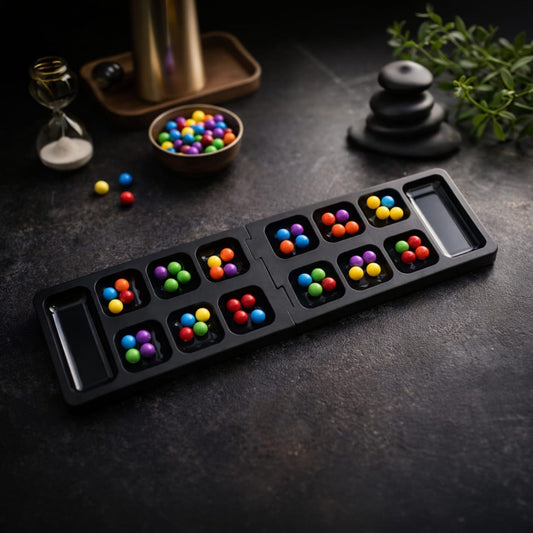 Mancala Board Game for Kids & Adults | Foldable Travel Strategy Game | 2 Player Family Educational Toy | Portable Puzzle Board Game with Colorful Stones