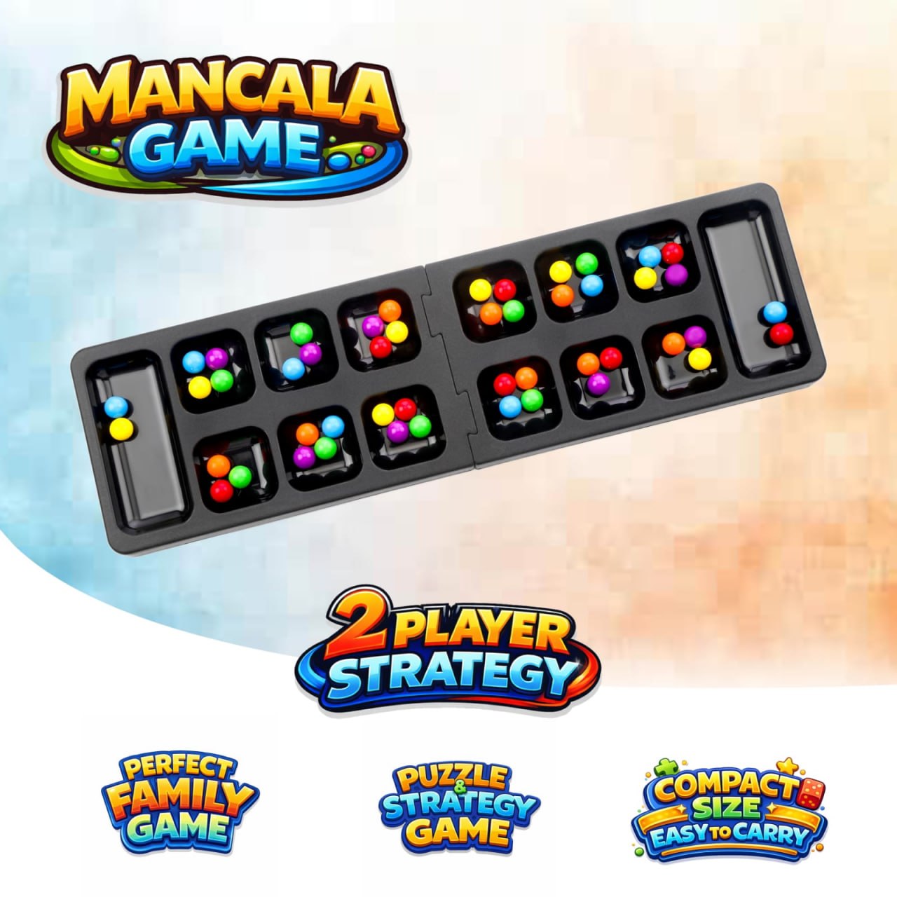 Mancala Board Game for Kids & Adults | Foldable Travel Strategy Game | 2 Player Family Educational Toy | Portable Puzzle Board Game with Colorful Stones