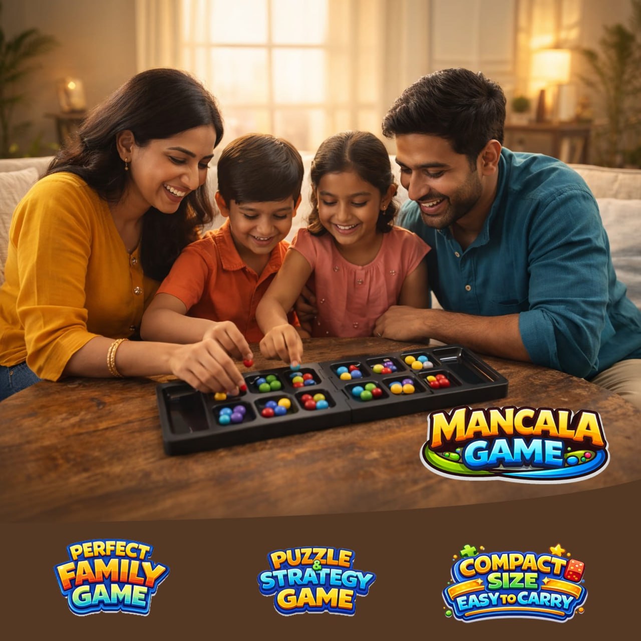 Mancala Board Game for Kids & Adults | Foldable Travel Strategy Game | 2 Player Family Educational Toy | Portable Puzzle Board Game with Colorful Stones