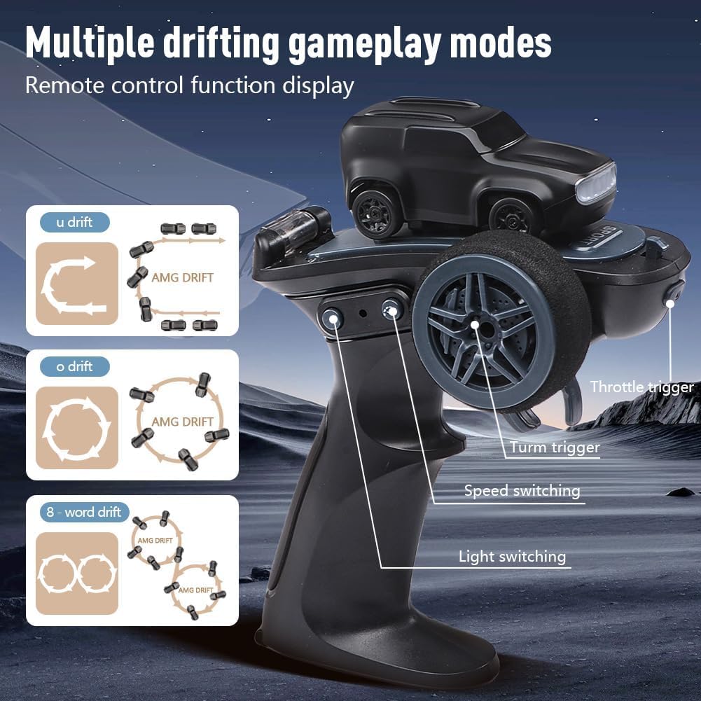 1:64 Mini RC Drift Car with Integrated Controller Storage Dome | 2.4GHz 4WD Micro Desktop Drifter, High-Speed Remote Control Car with LED Lights, Interchangable Drift Tires, Cones & Charging Cable for Kids and Adults