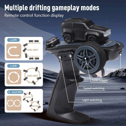 1:64 Mini RC Drift Car with Integrated Controller Storage Dome | 2.4GHz 4WD Micro Desktop Drifter, High-Speed Remote Control Car with LED Lights, Interchangable Drift Tires, Cones & Charging Cable for Kids and Adults