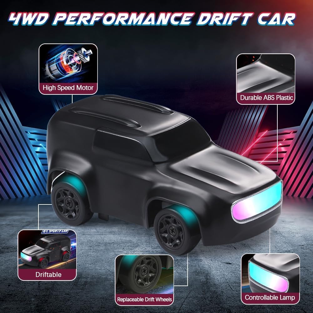 1:64 Mini RC Drift Car with Integrated Controller Storage Dome | 2.4GHz 4WD Micro Desktop Drifter, High-Speed Remote Control Car with LED Lights, Interchangable Drift Tires, Cones & Charging Cable for Kids and Adults