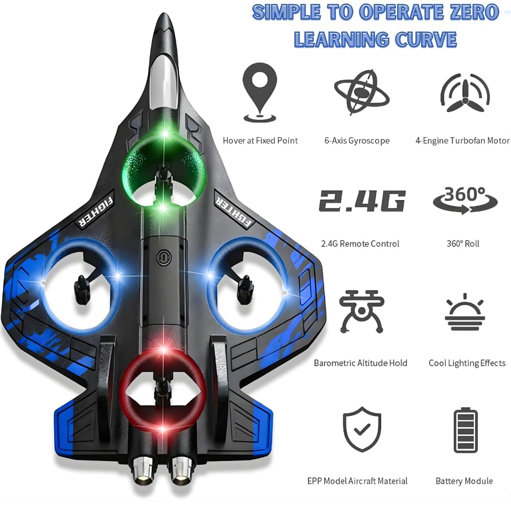 FLYMATE Foam Fighter Plane Toy with Dual Battery | Rechargeable Flying Glider Airplane for Kids | Hand Launch Foam Aircraft with LED Lights | Outdoor Indoor Fun Toy for Boys & Girls
