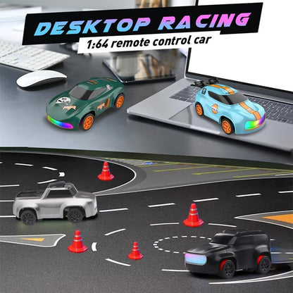 1:64 Mini RC Drift Car with Integrated Controller Storage Dome | 2.4GHz 4WD Micro Desktop Drifter, High-Speed Remote Control Car with LED Lights, Interchangable Drift Tires, Cones & Charging Cable for Kids and Adults