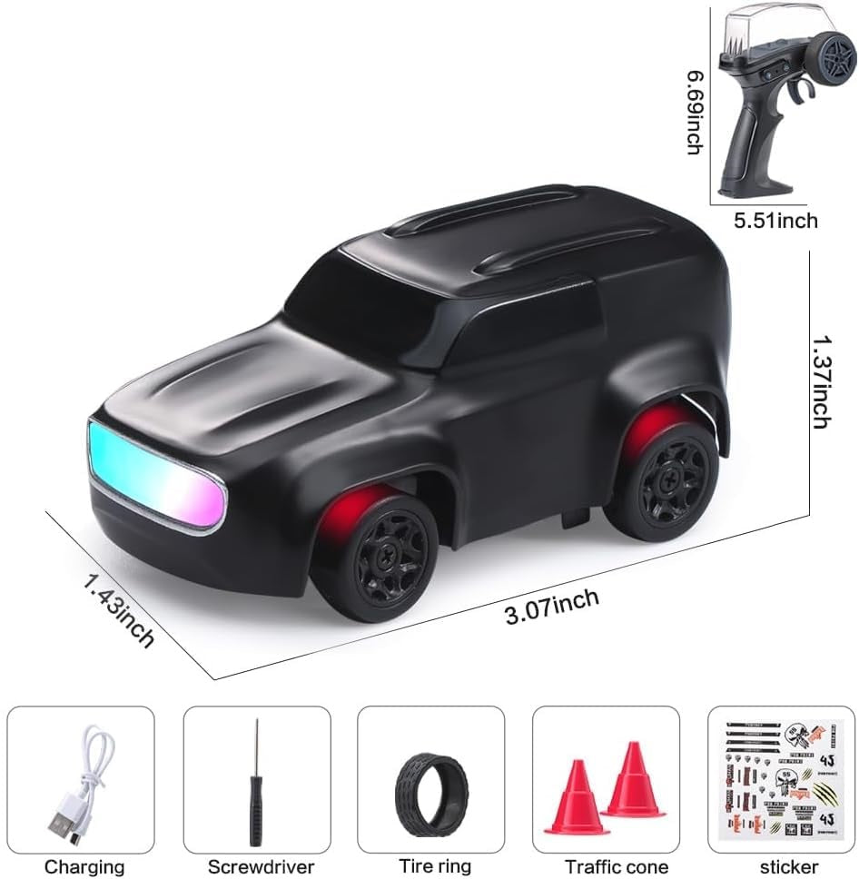 1:64 Mini RC Drift Car with Integrated Controller Storage Dome | 2.4GHz 4WD Micro Desktop Drifter, High-Speed Remote Control Car with LED Lights, Interchangable Drift Tires, Cones & Charging Cable for Kids and Adults