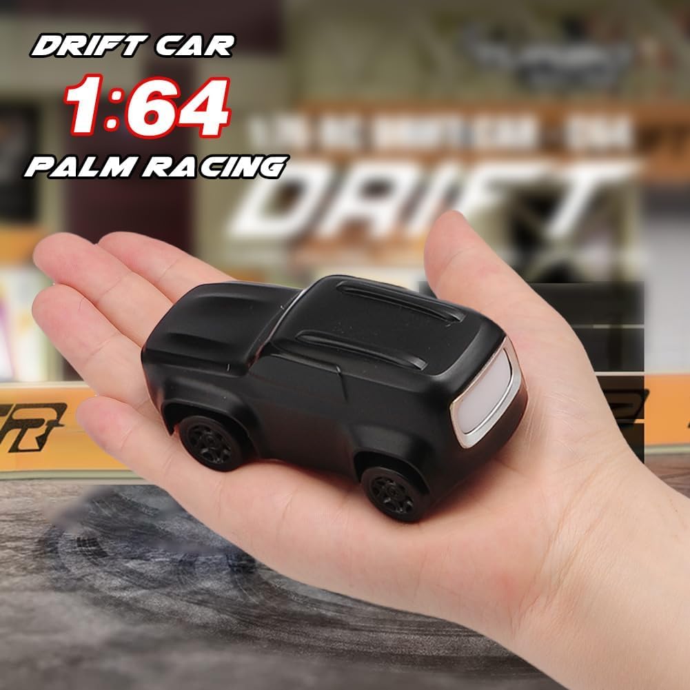 1:64 Mini RC Drift Car with Integrated Controller Storage Dome | 2.4GHz 4WD Micro Desktop Drifter, High-Speed Remote Control Car with LED Lights, Interchangable Drift Tires, Cones & Charging Cable for Kids and Adults