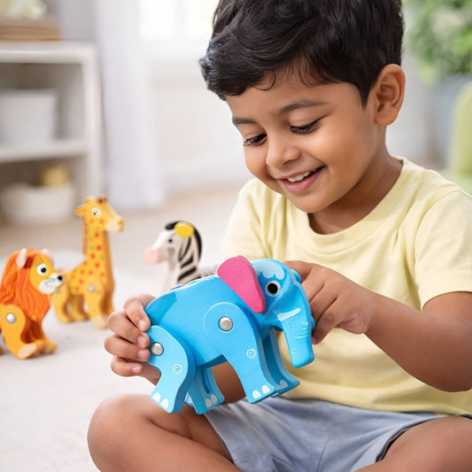 Wooden Animal Toys Set for Kids | Flexible Articulated Wooden Animals |Fine Motor Skills & Imaginative Play | Lion, Elephant, Dinosaur, Zebra, Hippo & More