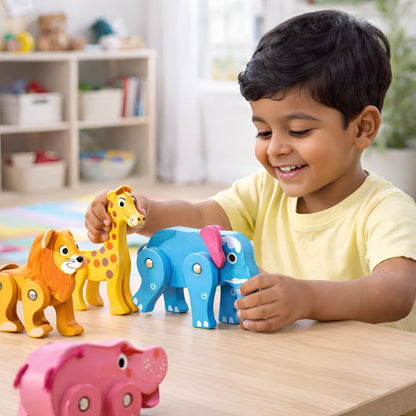 Wooden Animal Toys Set for Kids | Flexible Articulated Wooden Animals |Fine Motor Skills & Imaginative Play | Lion, Elephant, Dinosaur, Zebra, Hippo & More
