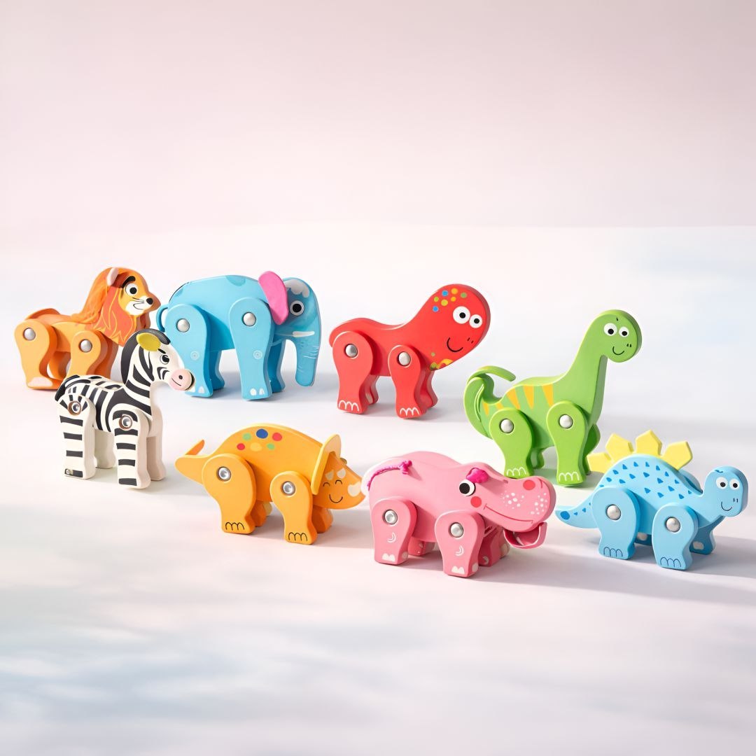 Wooden Animal Toys Set for Kids | Flexible Articulated Wooden Animals |Fine Motor Skills & Imaginative Play | Lion, Elephant, Dinosaur, Zebra, Hippo & More