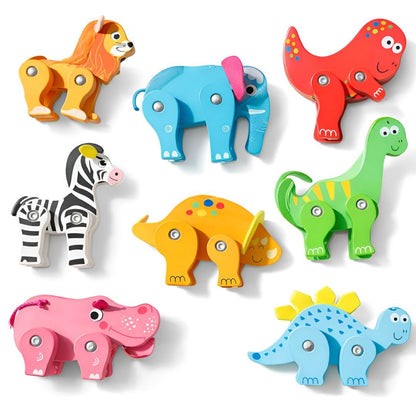 Wooden Animal Toys Set for Kids | Flexible Articulated Wooden Animals |Fine Motor Skills & Imaginative Play | Lion, Elephant, Dinosaur, Zebra, Hippo & More