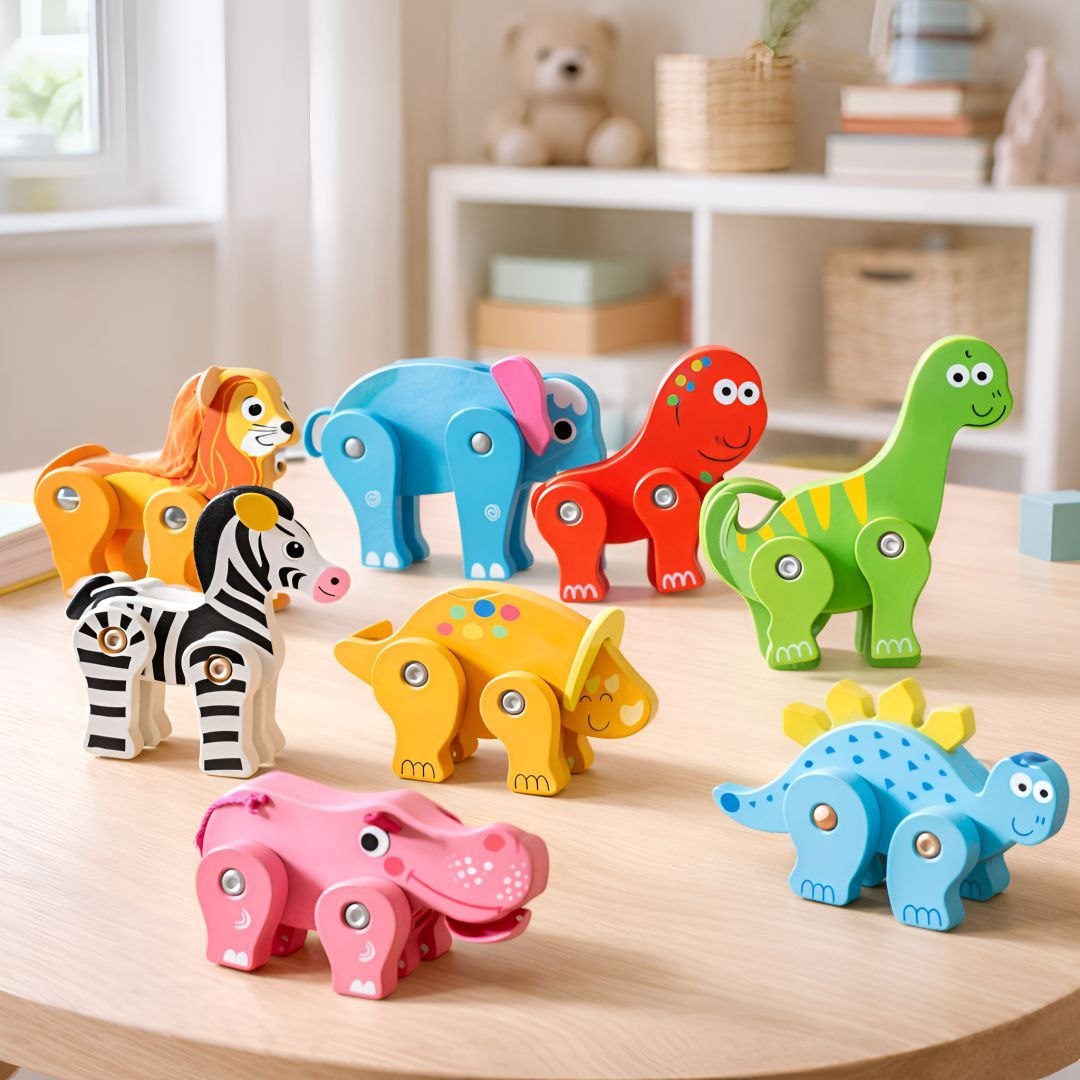 Wooden Animal Toys Set for Kids | Flexible Articulated Wooden Animals |Fine Motor Skills & Imaginative Play | Lion, Elephant, Dinosaur, Zebra, Hippo & More